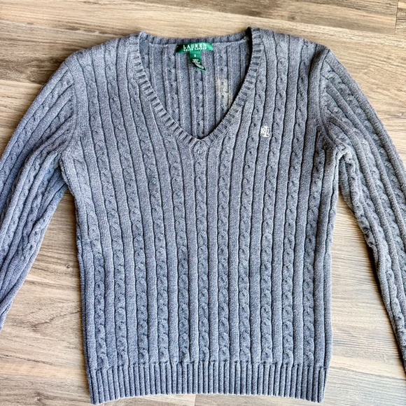 Lauren Ralph Lauren Gray Cable Knit V-Neck Sweater – Women’s Small, 100% Cotton - Picture 3 of 15